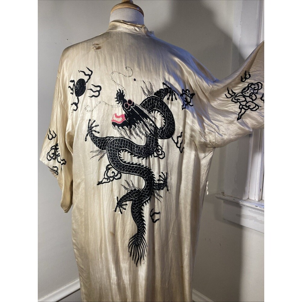 Vintage Antique Silk Kimono Robe With Hand Embroidered Dragons